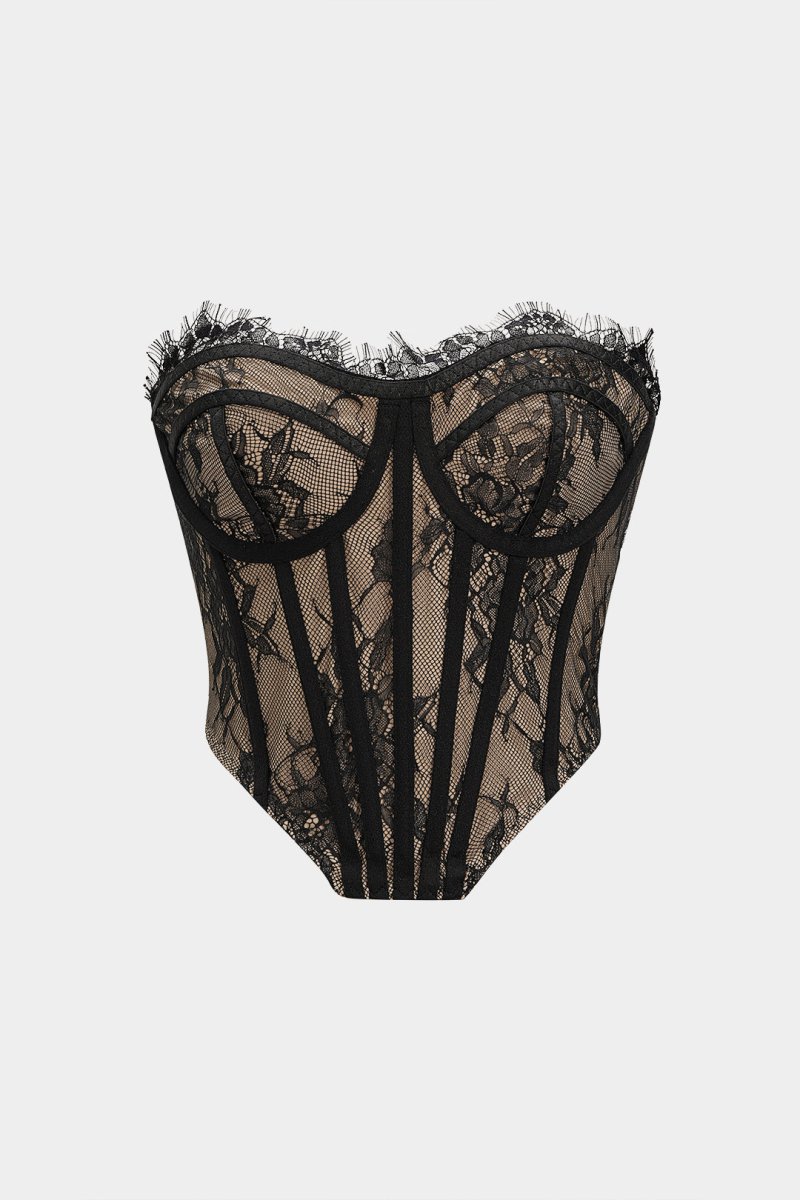 Lace Trim Corset Tube Top - MISMIMCWTU2509080076-BLACK-XS