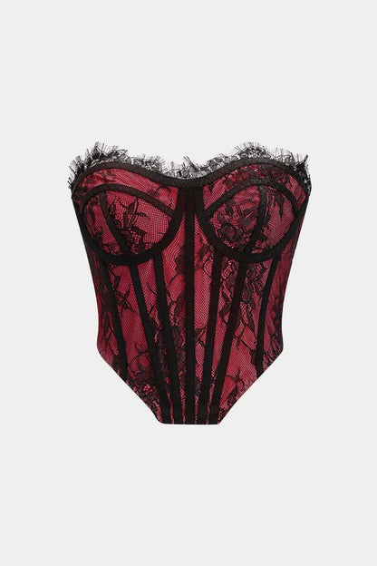 Lace Trim Corset Tube Top - MISMIMCWTU2509080076-BURGUNDY-XS