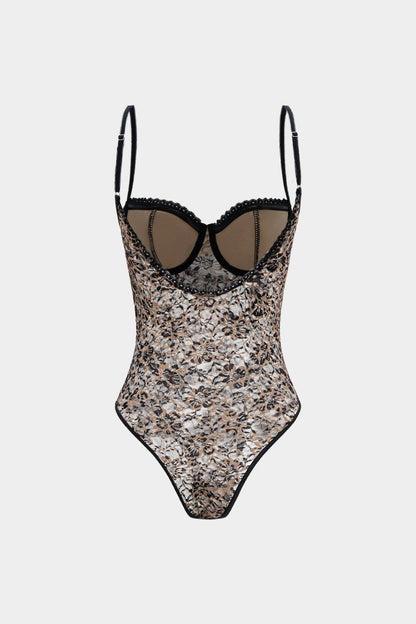 Leopard Print Lace Patchwork Backless Sleeveless Bodysuit - MISMIMCWTO2509160033-KHAKI-S