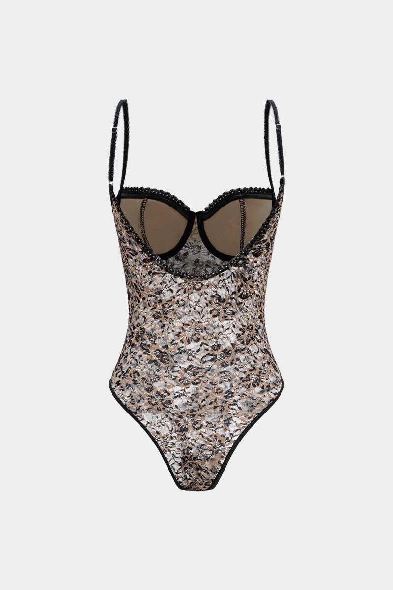 Leopard Print Lace Patchwork Backless Sleeveless Bodysuit - MISMIMCWTO2509160033-KHAKI-S