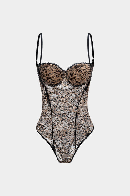 Leopard Print Lace Patchwork Backless Sleeveless Bodysuit - MISMIMCWTO2509160033-KHAKI-S