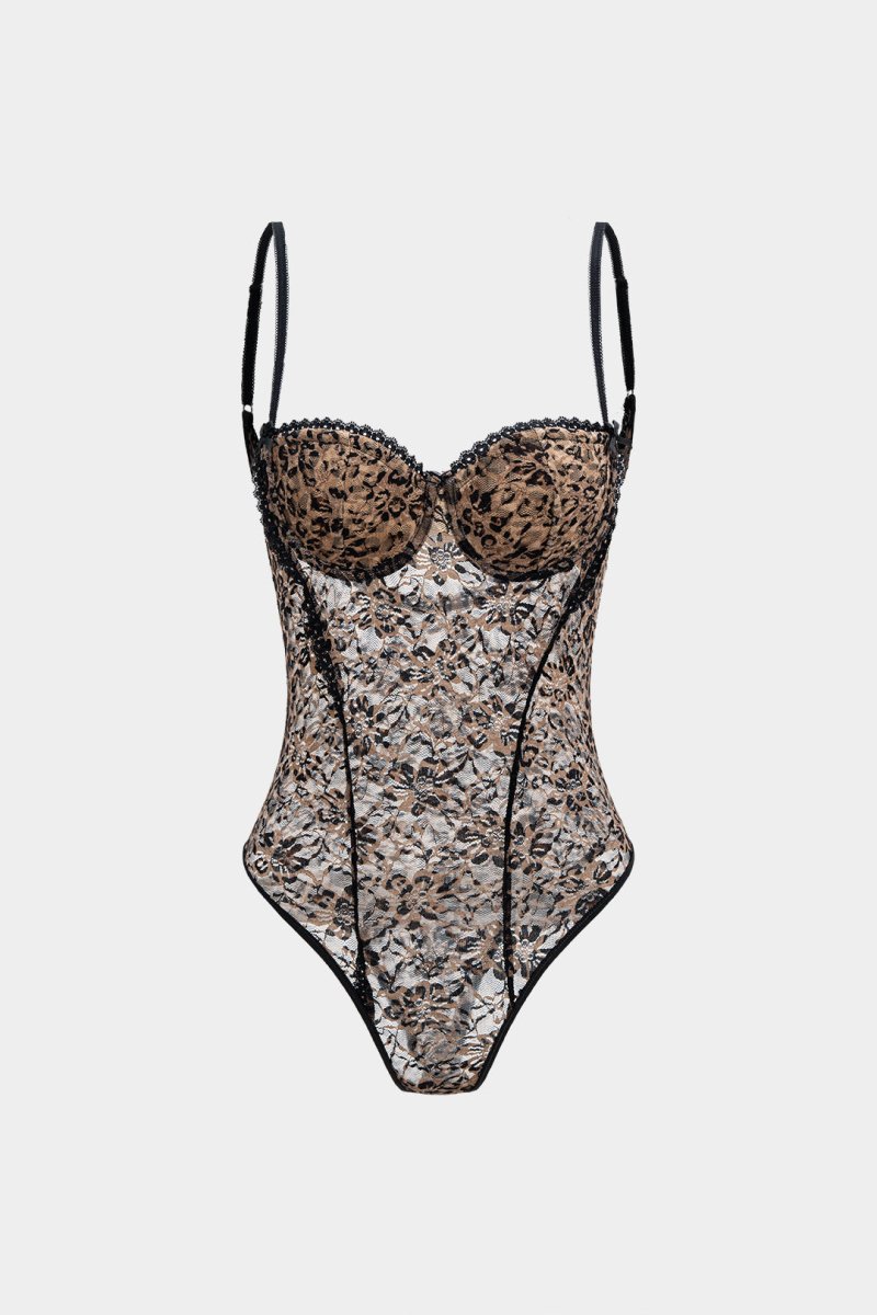 Leopard Print Lace Patchwork Backless Sleeveless Bodysuit - MISMIMCWTO2509160033-KHAKI-S