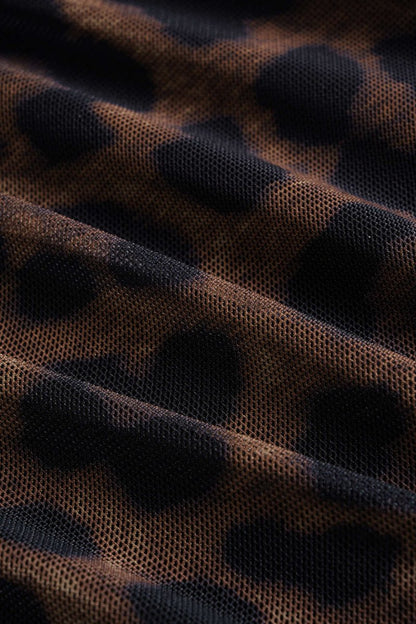 Leopard Print Mesh V - Neck Ruched Twist Knot Slip Sleeveless Bodysuit - MISMIMCWTO2509050061-COFFEE-XS