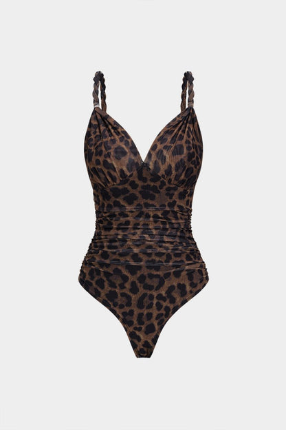 Leopard Print Mesh V - Neck Ruched Twist Knot Slip Sleeveless Bodysuit - MISMIMCWTO2509050061-COFFEE-XS