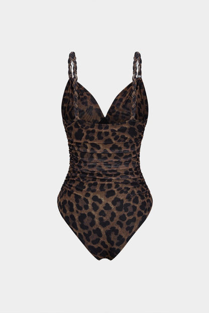 Leopard Print Mesh V - Neck Ruched Twist Knot Slip Sleeveless Bodysuit - MISMIMCWTO2509050061-COFFEE-XS