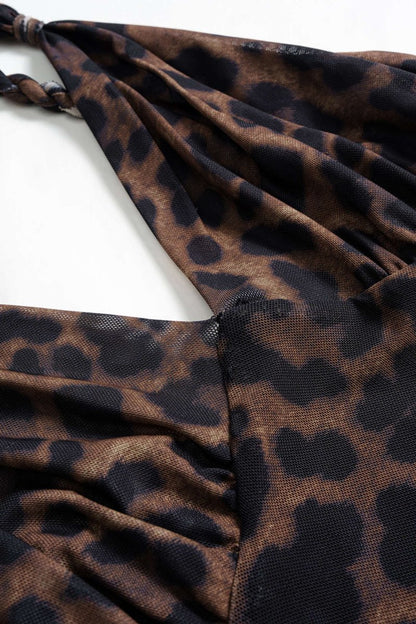 Leopard Print Mesh V - Neck Ruched Twist Knot Slip Sleeveless Bodysuit - MISMIMCWTO2509050061-COFFEE-XS