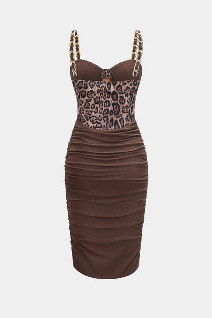 Leopard Print Ruched Chain Slip Sleeveless Midi Dress - MISMIMCWDA2509090038-BROWN-XS