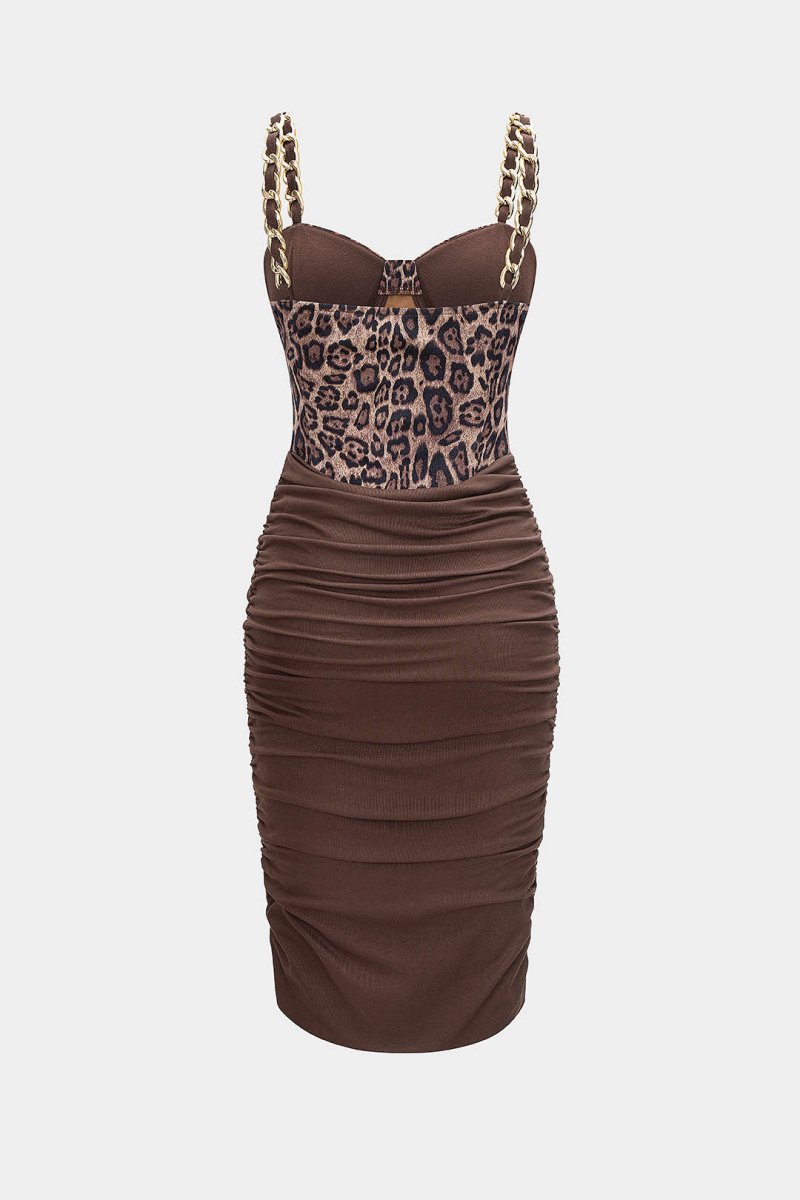 Leopard Print Ruched Chain Slip Sleeveless Midi Dress - MISMIMCWDA2509090038-BROWN-XS