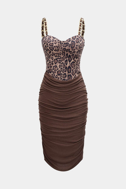 Leopard Print Ruched Chain Slip Sleeveless Midi Dress - MISMIMCWDA2509090038-BROWN-XS