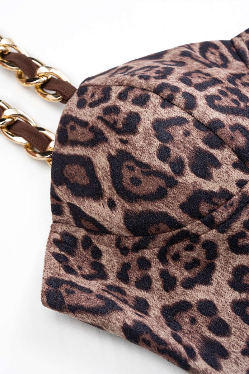 Leopard Print Ruched Chain Slip Sleeveless Midi Dress - MISMIMCWDA2509090038-BROWN-XS