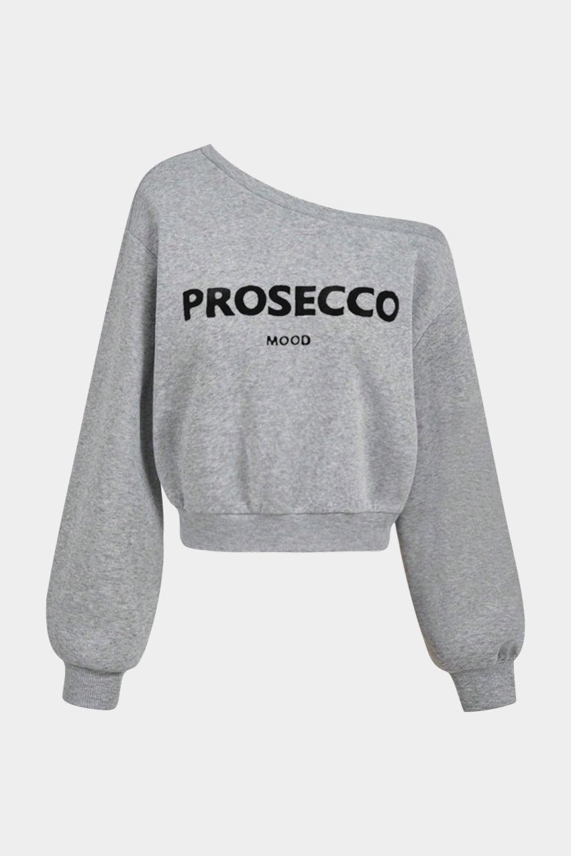 Letter Print One Shoulder Long Sleeve Sweatshirt - MISMIMCWDB2507140084-LIGHT GRAY-XS