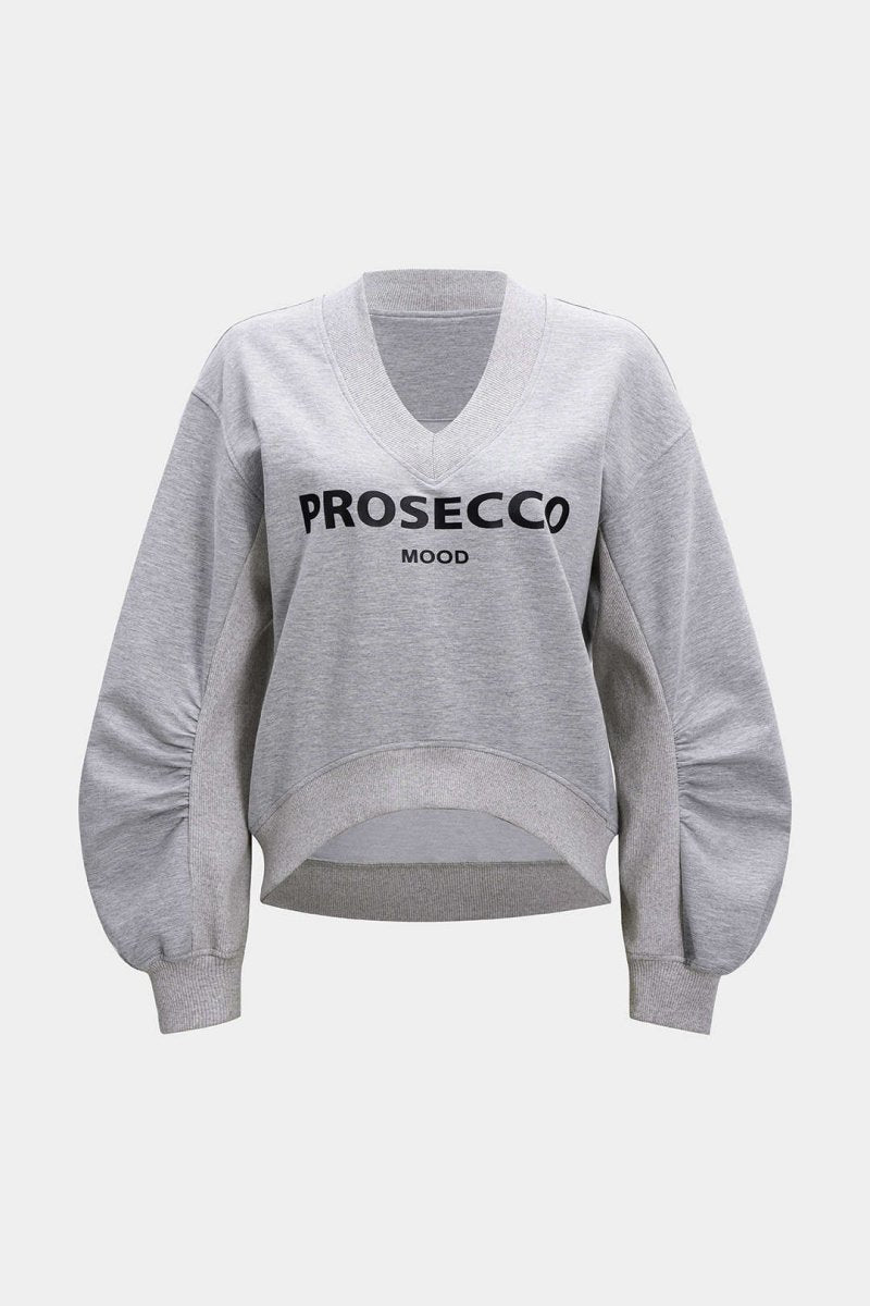 Letter Print Patchwork V - Neck Long Sleeve Sweatshirt - MISMIMCWTH2509080010-LIGHT GRAY-XS