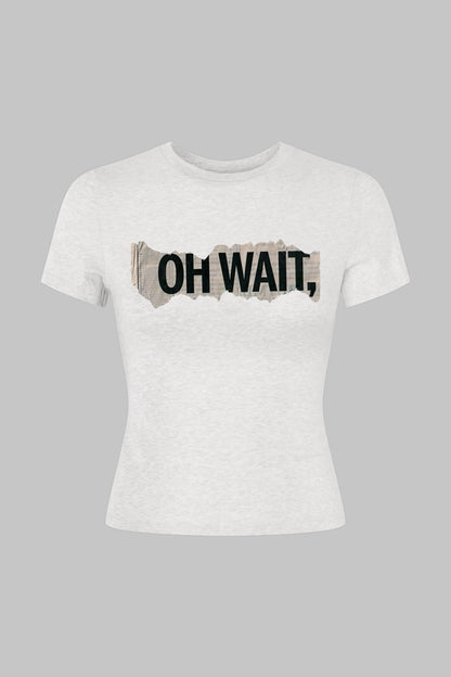 Letter Print Round Neck Short Sleeve T-Shirt - MISMIMCWTS2504270071-WHEAT-XS