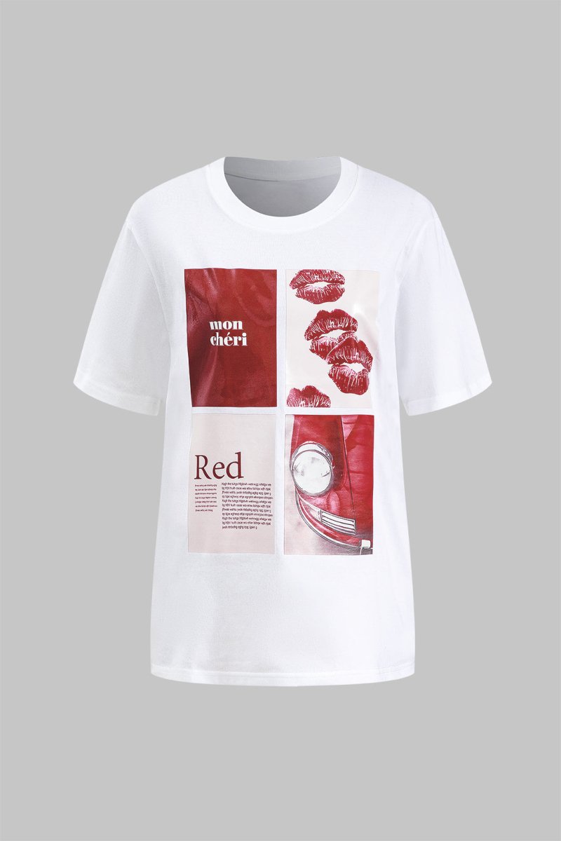 Letter Print Round Neck Short Sleeve T-Shirt - MISMIMCWTS2412200100-WHITE-S