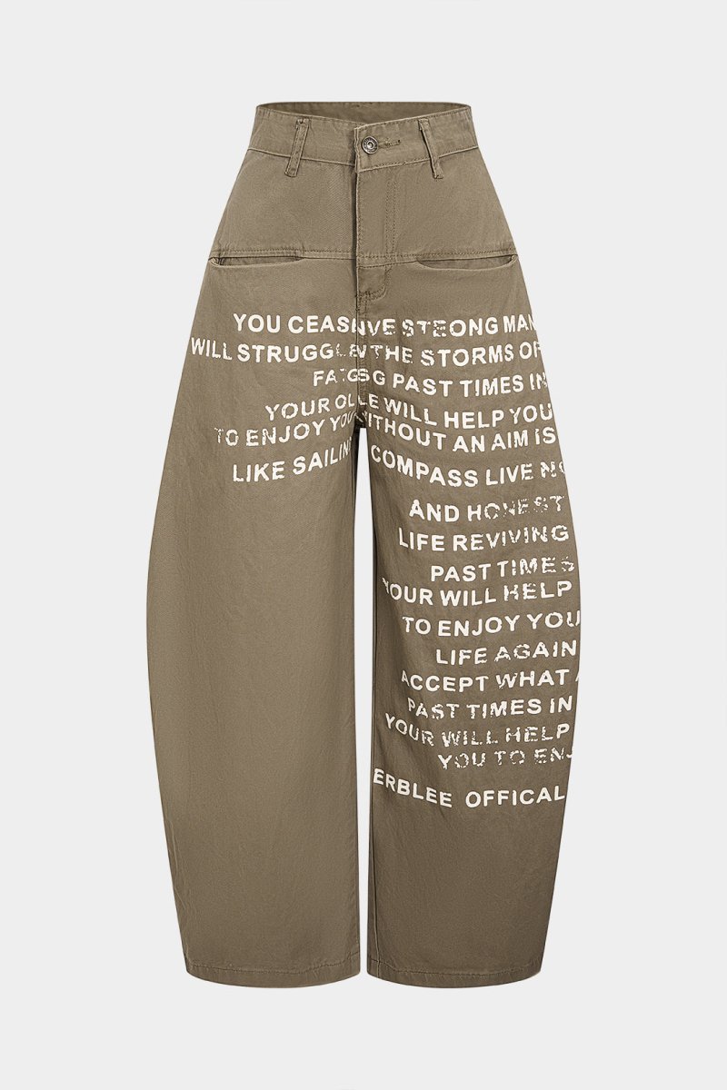 Letter Print Straight Leg Barrel Jeans - MISMIMCWNJ2509080136-KHAKI-XS