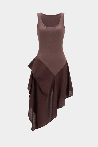 Linen Patchwork Ruched Asymmetrical Sleeveless Maxi Dress - MISMIMCWDA2504080052-PALE MAUVE-XS