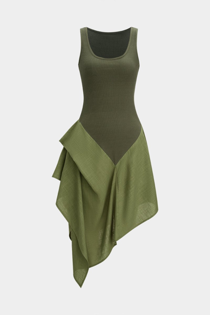 Linen Patchwork Ruched Asymmetrical Sleeveless Maxi Dress - MISMIMCWDA2504080052-MILITARY-XS