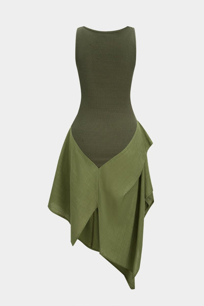 Linen Patchwork Ruched Asymmetrical Sleeveless Maxi Dress - MISMIMCWDA2504080052-MILITARY-XS