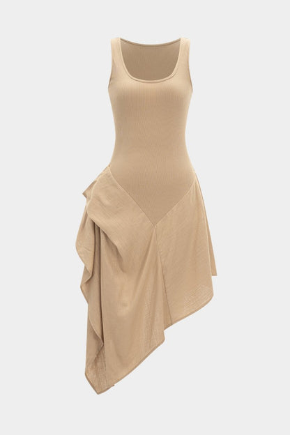 Linen Patchwork Ruched Asymmetrical Sleeveless Maxi Dress - MISMIMCWDA2504080052-TAN-XS