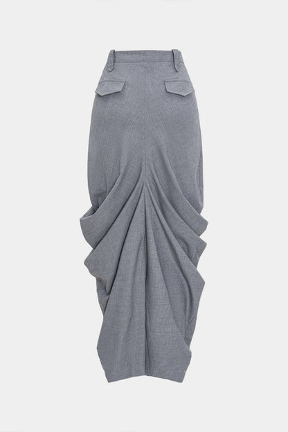 Linen Solid Ruched Skirt - MISMIMCWBK2504300049-GRAY-S
