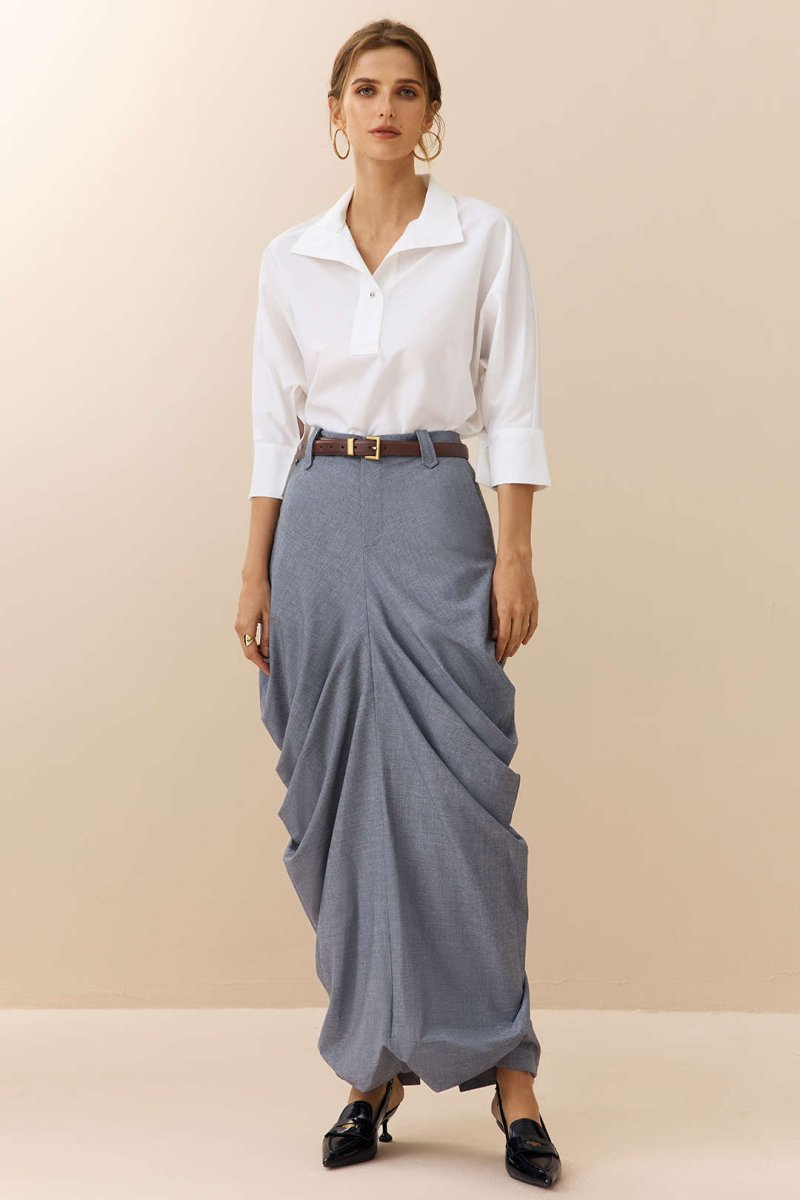 Linen Solid Ruched Skirt - MISMIMCWBK2504300049-GRAY-S