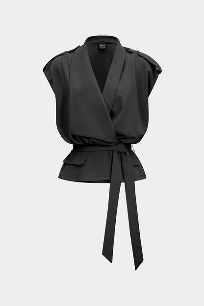 Linen Tie Front Asymmetrical Vest - MISMIMCWOV2507020009-BLACK-XS