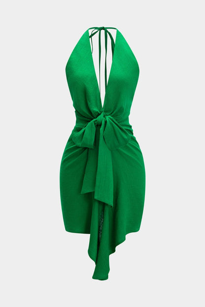 Linen Tie Front V - Neck Halter Neck Ruched Backless Sleeveless Mini Dress - MISMIMCWDC2503060020-GREEN-XS