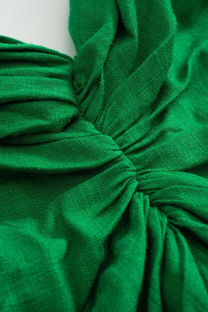 Linen Tie Front V - Neck Halter Neck Ruched Backless Sleeveless Mini Dress - MISMIMCWDC2503060020-GREEN-XS