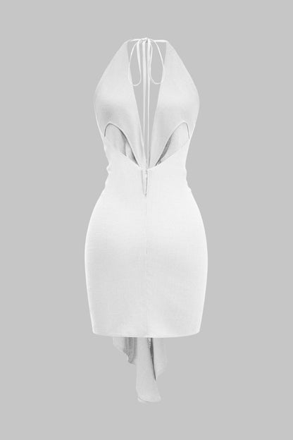 Linen Tie Front V - Neck Halter Neck Ruched Backless Sleeveless Mini Dress - MISMIMCWDC2503060020-WHITE-XS