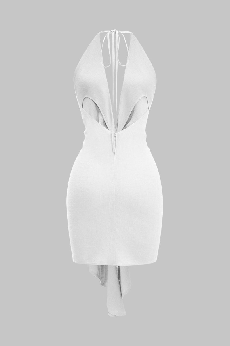 Linen Tie Front V - Neck Halter Neck Ruched Backless Sleeveless Mini Dress - MISMIMCWDC2503060020-WHITE-XS