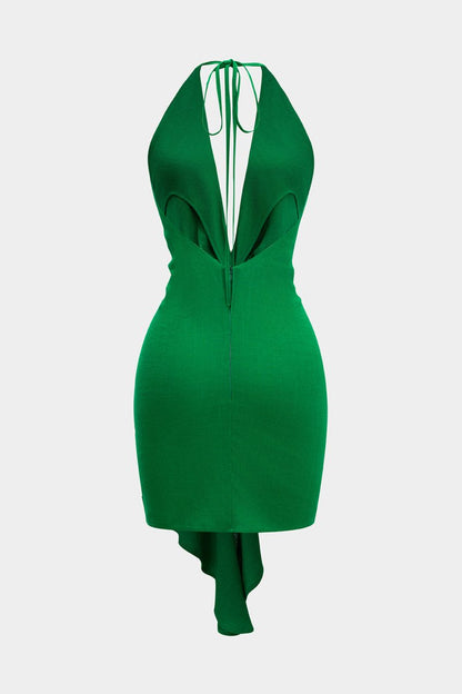 Linen Tie Front V - Neck Halter Neck Ruched Backless Sleeveless Mini Dress - MISMIMCWDC2503060020-GREEN-XS