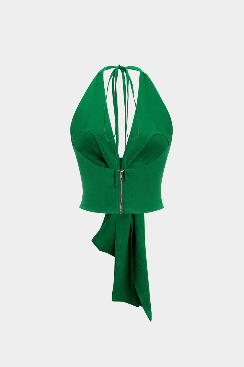 Linen V - Neck Halter Tie - Front Ruched Zipper Backless Cami Top - MISMIMCWTT2504140010-GREEN-XS