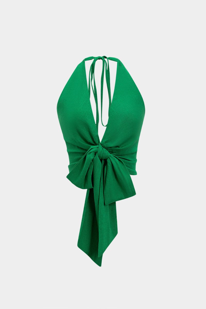 Linen V - Neck Halter Tie - Front Ruched Zipper Backless Cami Top - MISMIMCWTT2504140010-GREEN-XS