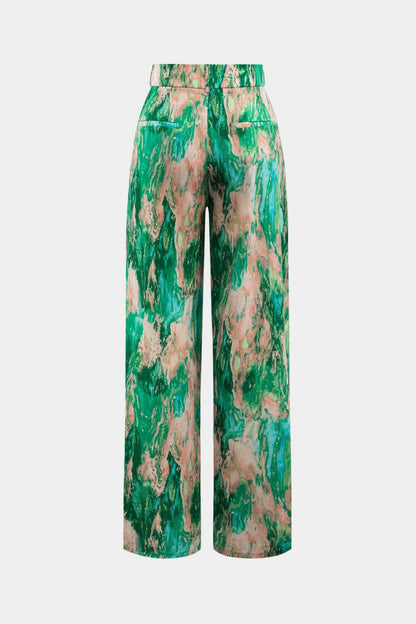 Marble Print High Waisted Full - length Straight Leg Pants - MISMIMCWBP2304260116-GREEN-XS
