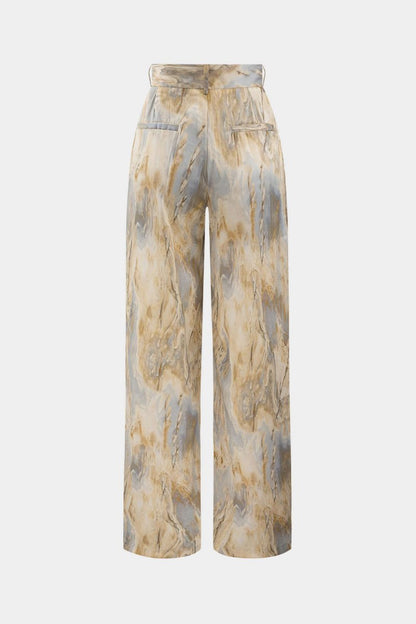Marble Print High Waisted Full - length Straight Leg Pants - MISMIMCWBP2304260116-BEIGE-XXS