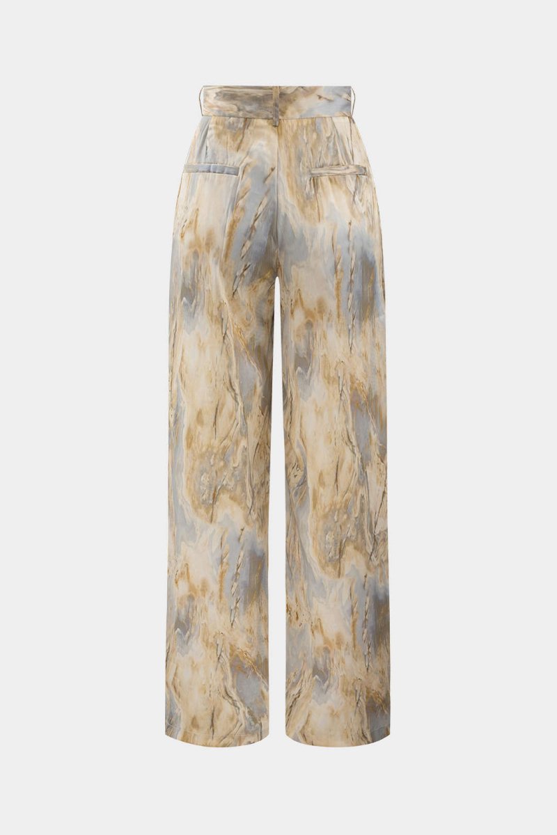 Marble Print High Waisted Full - length Straight Leg Pants - MISMIMCWBP2304260116-BEIGE-XXS