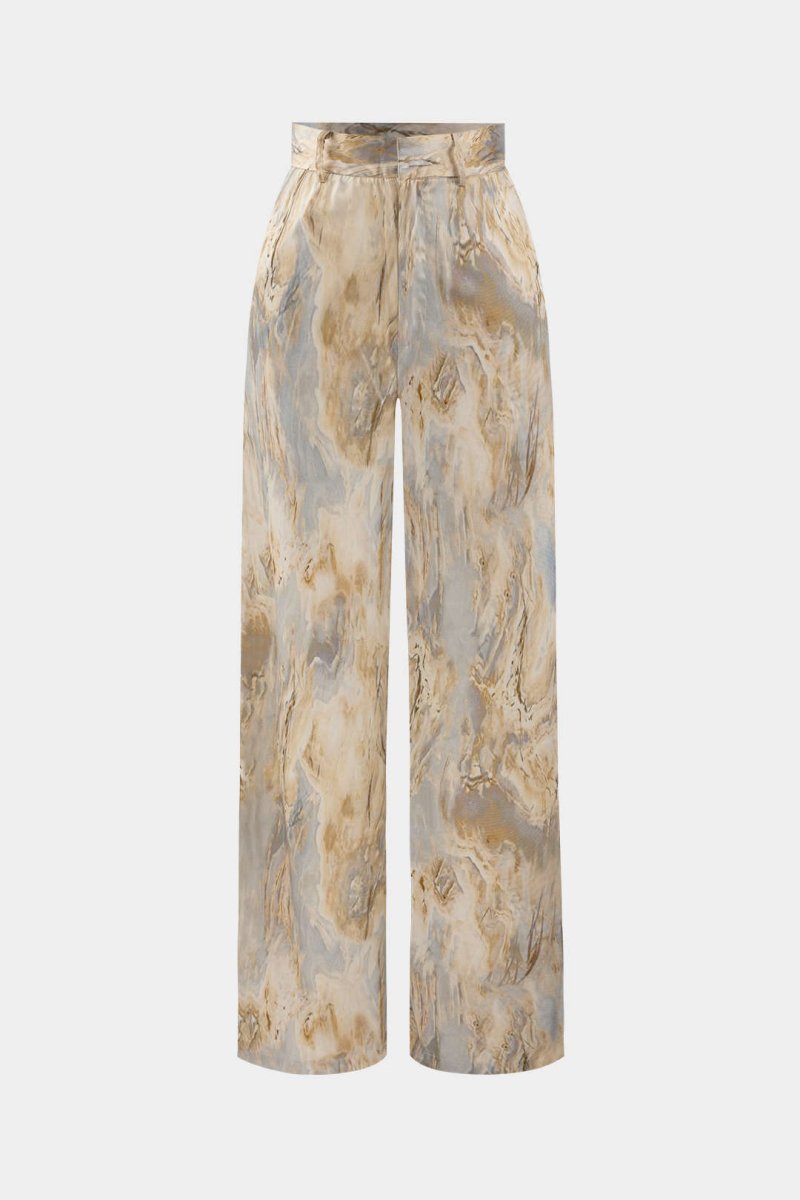 Marble Print High Waisted Full - length Straight Leg Pants - MISMIMCWBP2304260116-BEIGE-XXS