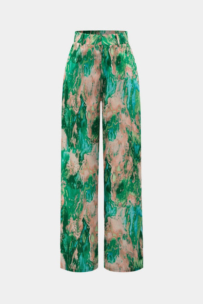 Marble Print High Waisted Full - length Straight Leg Pants - MISMIMCWBP2304260116-GREEN-XS