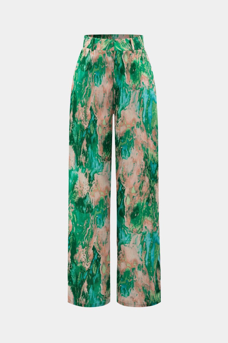 Marble Print High Waisted Full - length Straight Leg Pants - MISMIMCWBP2304260116-GREEN-XS