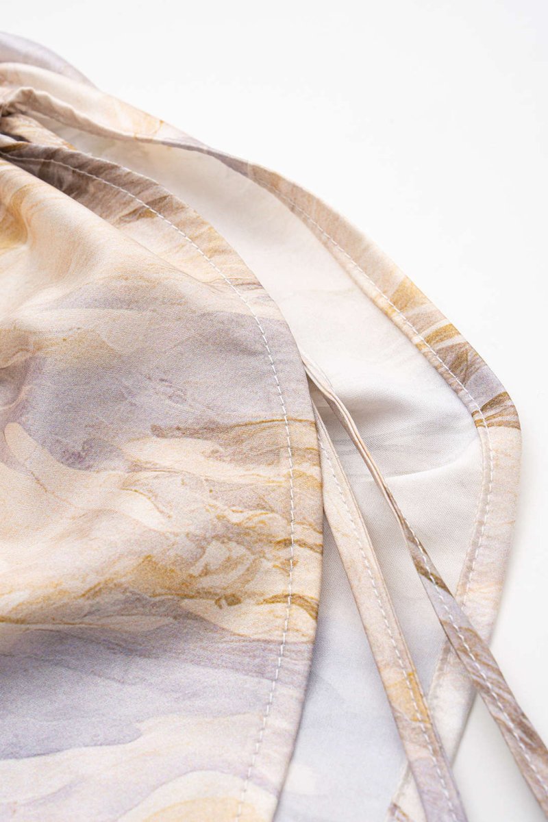 Marble Print Satin Ruched Drawstring Asymmetrical Sleeveless Mini Dress - MISMIMCWDC2503100041-BEIGE-XS