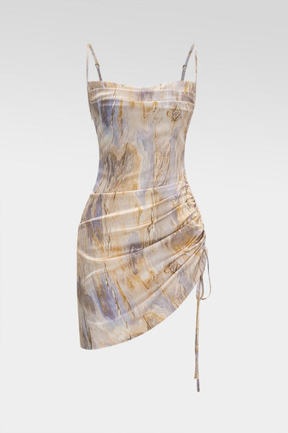 Marble Print Satin Ruched Drawstring Asymmetrical Sleeveless Mini Dress - MISMIMCWDC2503100041-BEIGE-XS