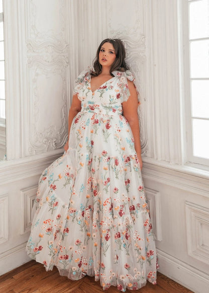 Margaret Floral Embroidered Maxi Wedding Dress - MISMIJK23051-W-MAXI-WHT-XXS