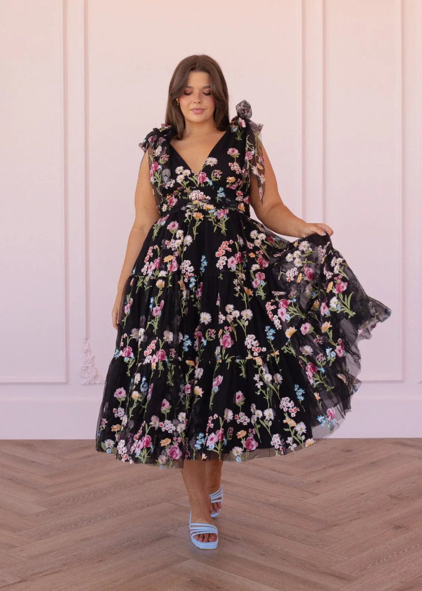 Margaret Floral Embroidered Midi Dress Black - MISMIJK23051-W-BLK-XXS