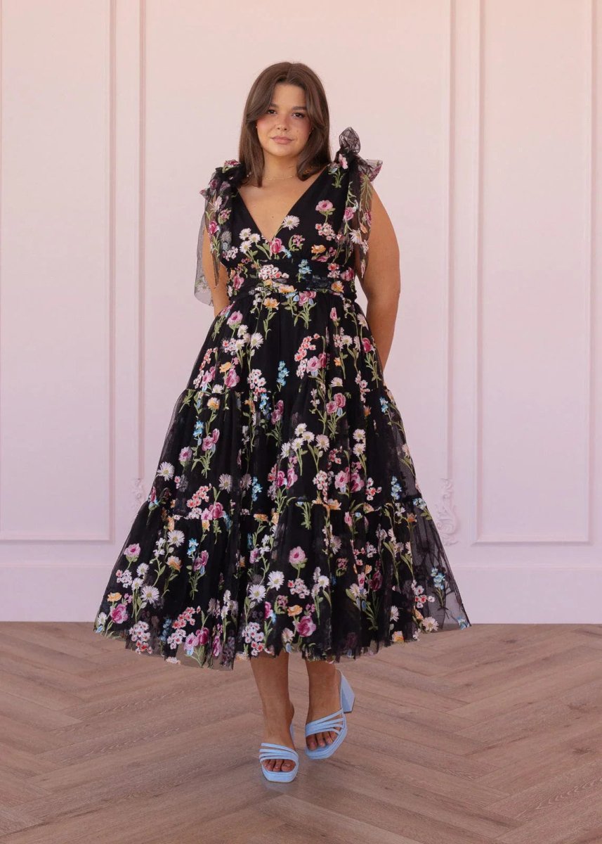 Margaret Floral Embroidered Midi Dress Black - MISMIJK23051-W-BLK-XXS