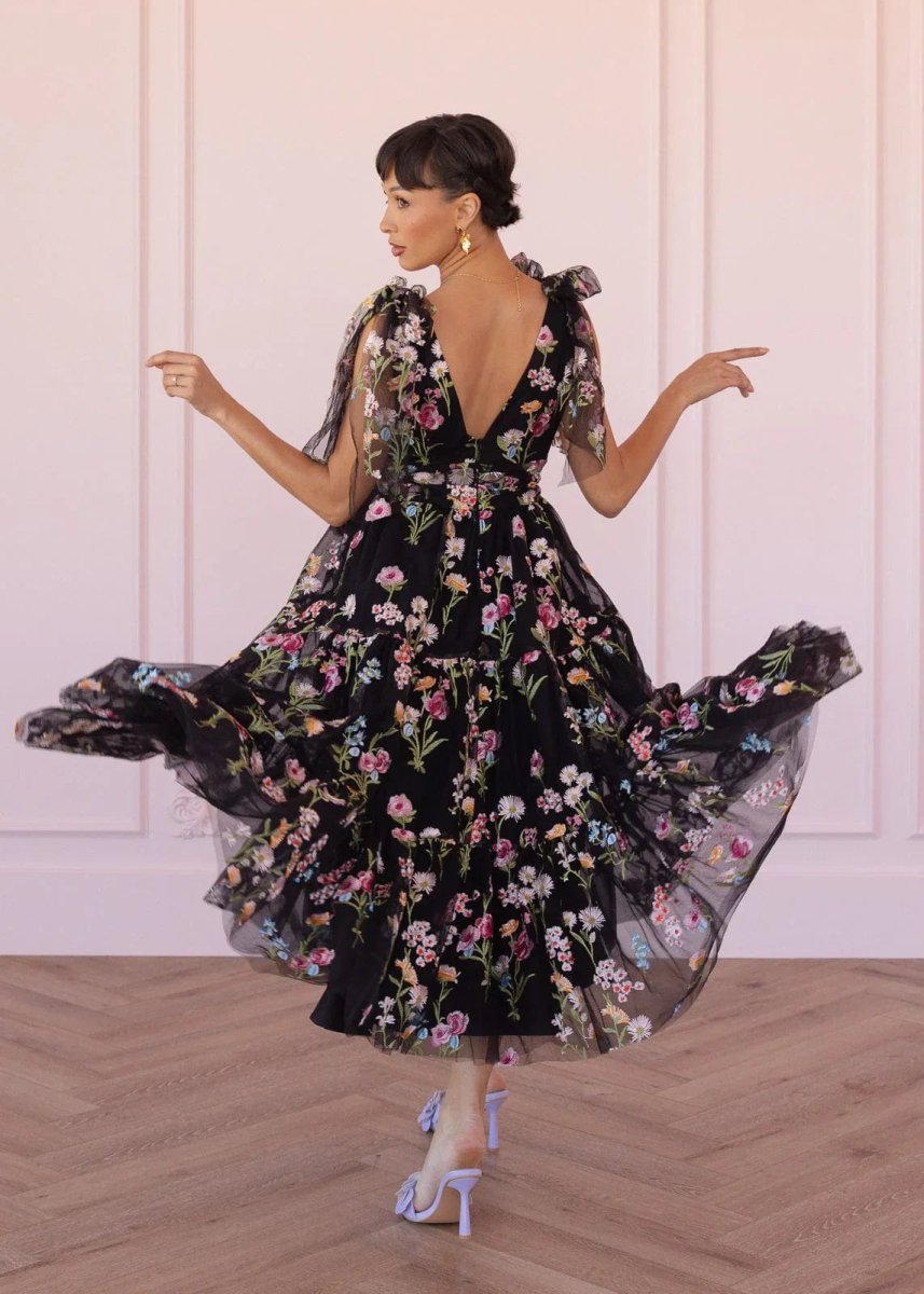 Margaret Floral Embroidered Midi Dress Black - MISMIJK23051-W-BLK-XXS