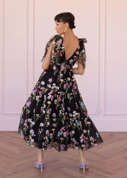 Margaret Floral Embroidered Midi Dress Black - MISMIJK23051-W-BLK-XXS