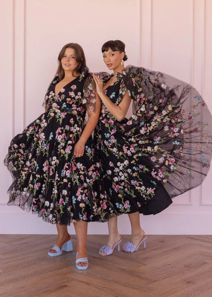 Margaret Floral Embroidered Midi Dress Black - MISMIJK23051-W-BLK-XXS