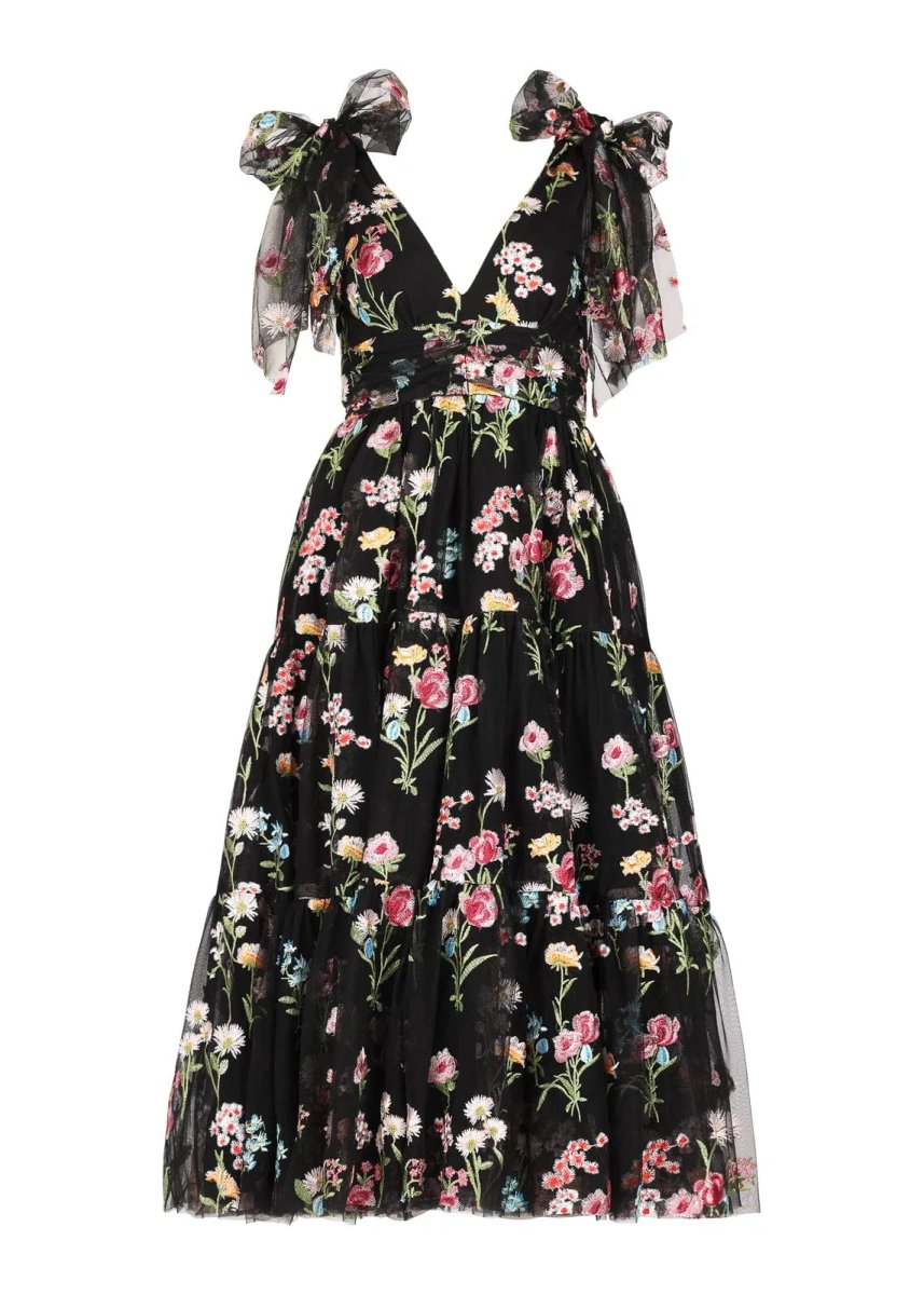 Margaret Floral Embroidered Midi Dress Black - MISMIJK23051-W-BLK-XXS