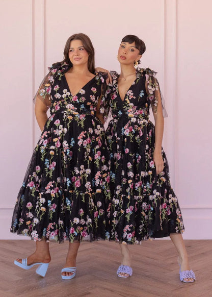 Margaret Floral Embroidered Midi Dress Black - MISMIJK23051-W-BLK-XXS