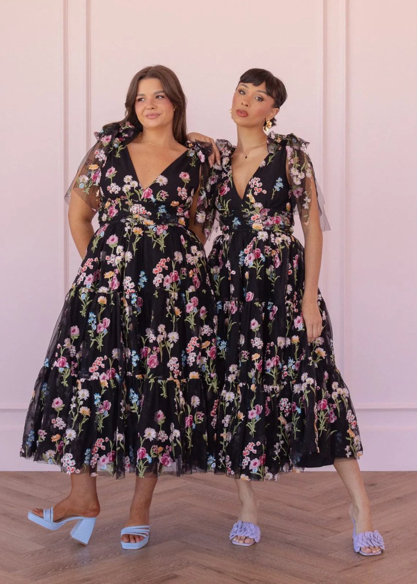 Margaret Floral Embroidered Midi Dress Black - MISMIJK23051-W-BLK-XXS